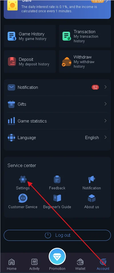 BHT Club account menu with Customer Service and Settings controls