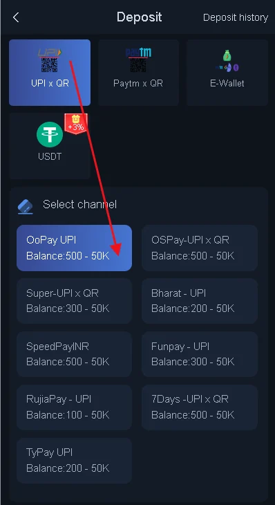 Bharat Club deposit channel selection interface