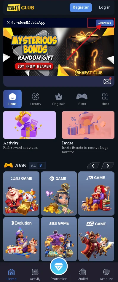 BHT Club dashboard screenshot showing game categories and the top download area