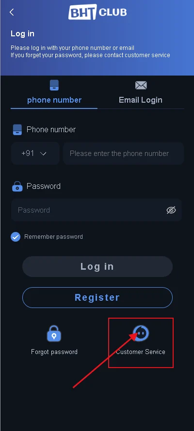 BHT Club login screen with phone number, email login, password and customer service options