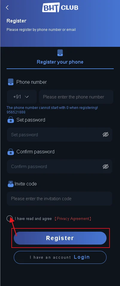 BHT Club registration screen with phone number, password, confirm password and invite code fields
