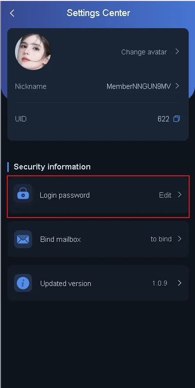 BHT Club Settings Center showing login password mailbox and version options