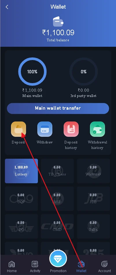 Bharat Club wallet interface with deposit and withdrawal options