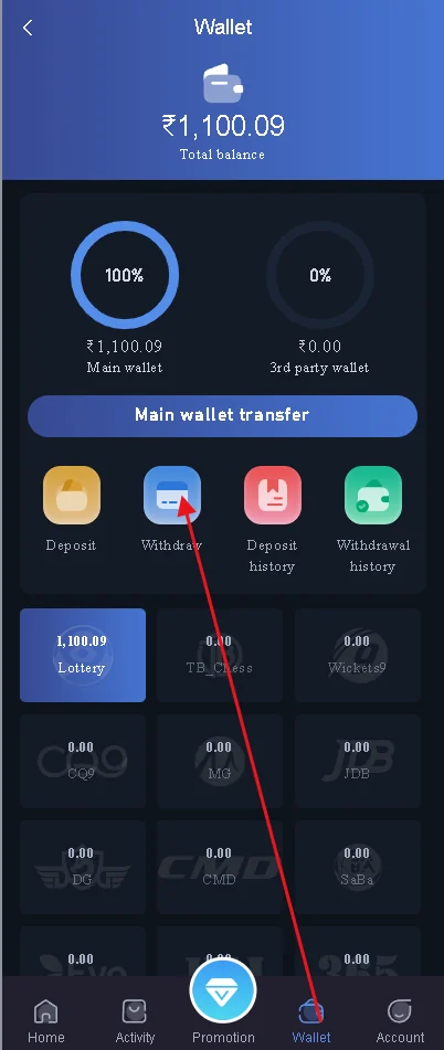 Bharat Club wallet withdrawal entry interface