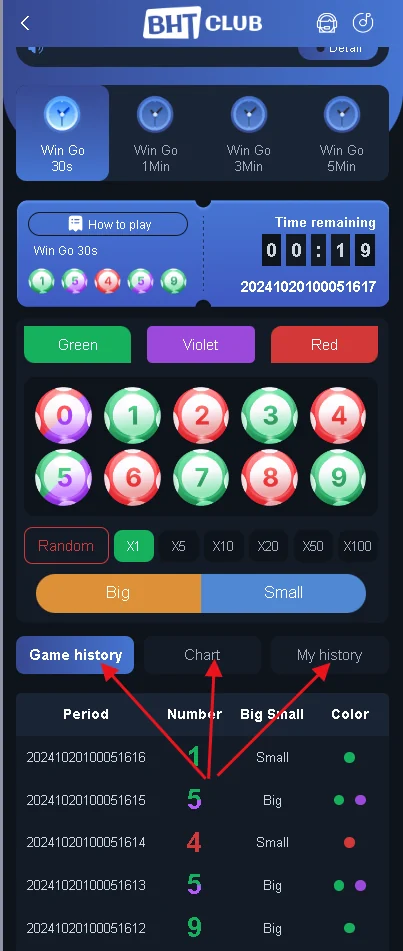 Bharat Club Win Go history interface with recent results