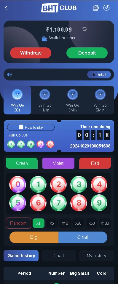 Bharat Club Win Go game interface with timer colors numbers and Big Small controls