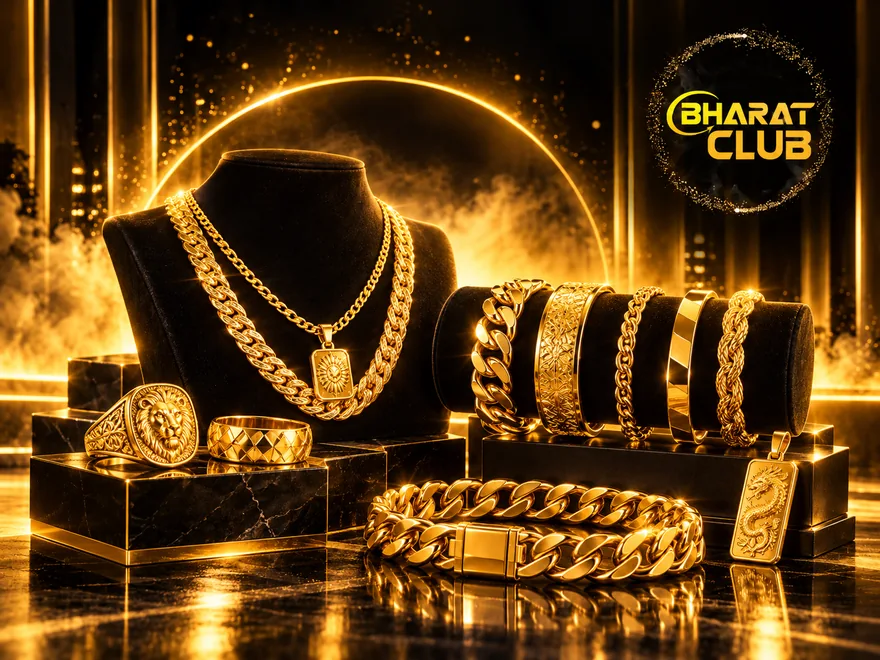 Illustration of gold accessories with Bharat Club branding