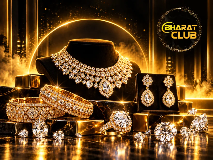 Illustration of gold and diamond jewelry with Bharat Club branding