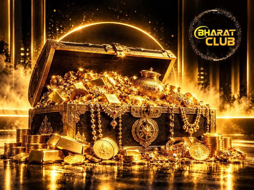Illustration of a gold treasure chest with Bharat Club branding