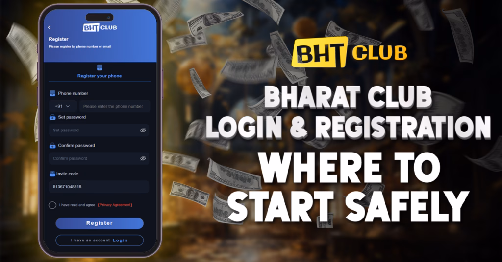 This image is showing a phone in registration in bharat club and the background has a lot of money.